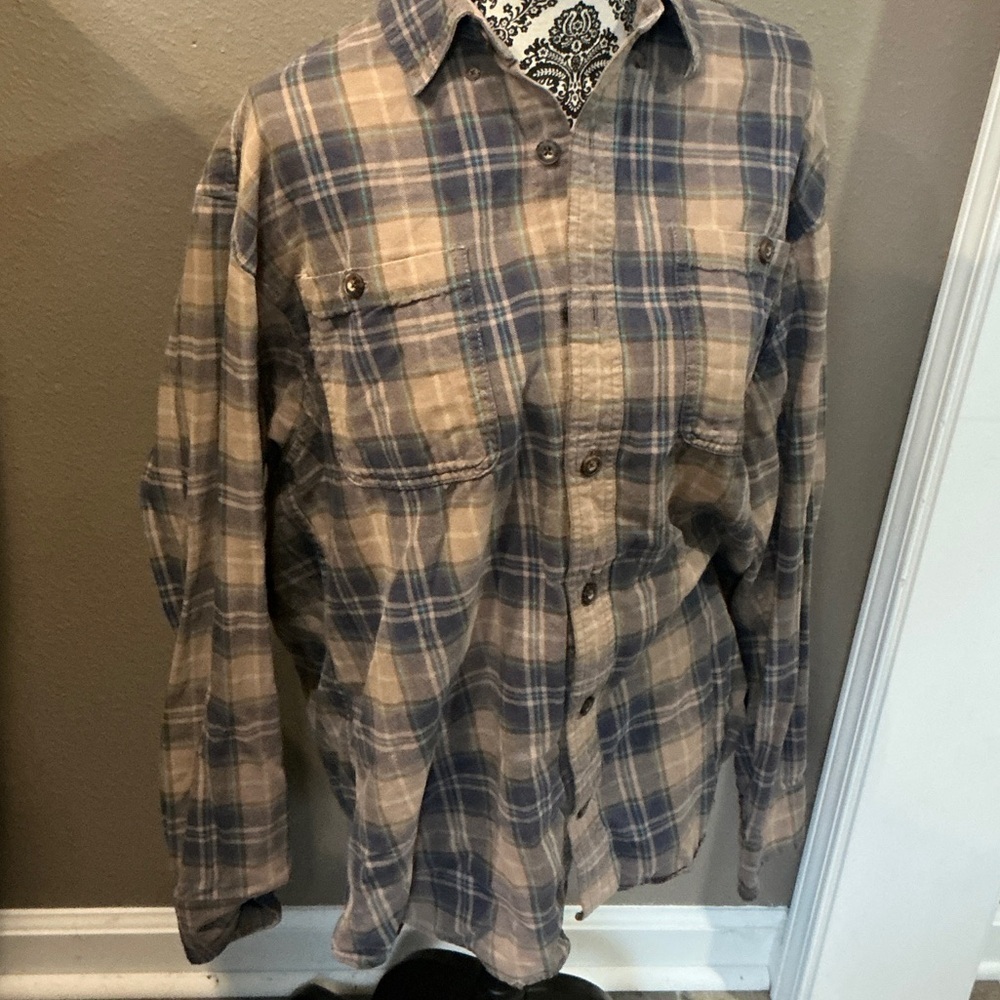 Duluth Trading Co Blue and Tan Plaid Casual Button Down Shirt Size Large